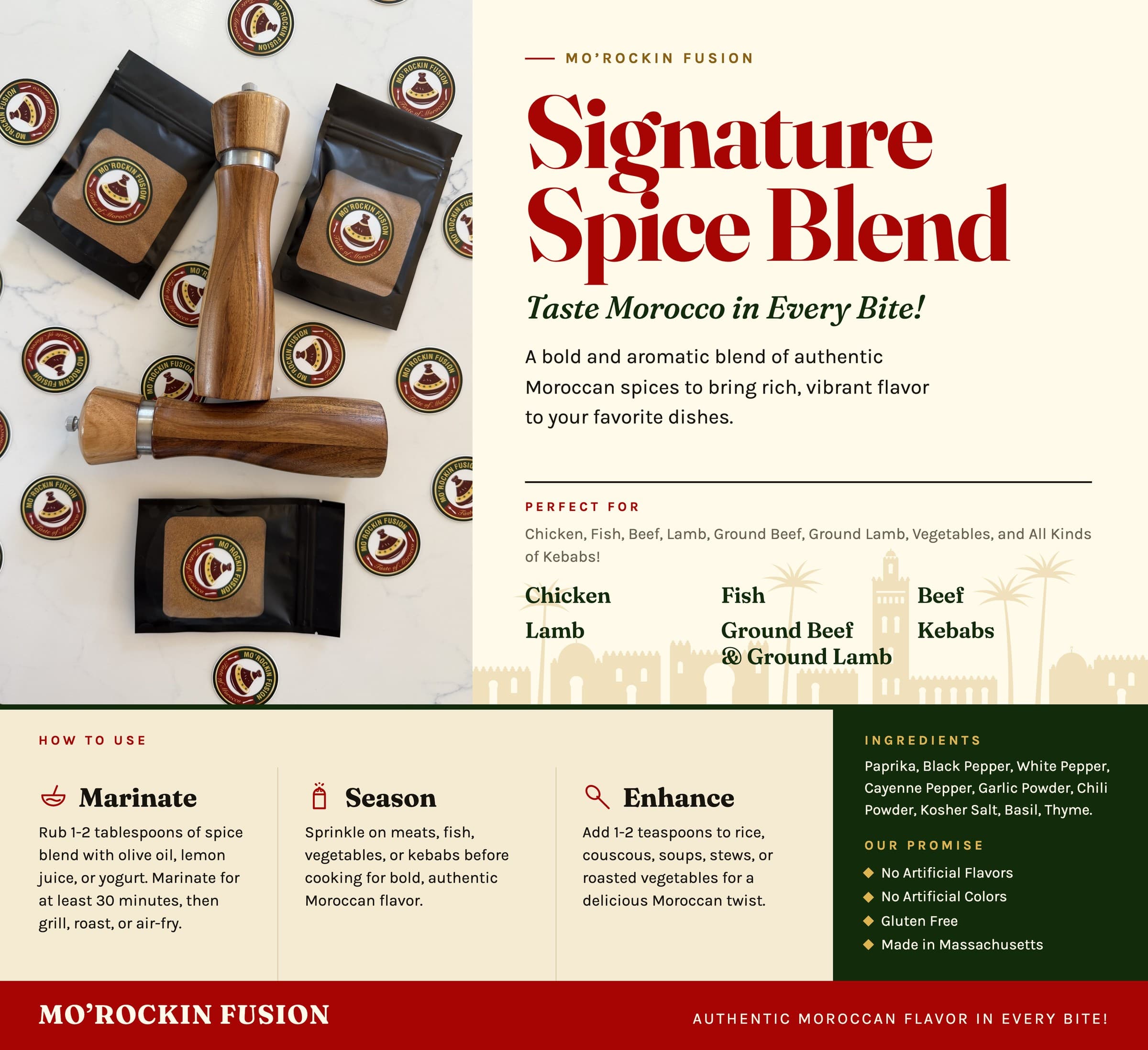 Poster for the Mo'Rockin Fusion Signature Spice Blend: the bags and grinders photograph beside the title, "Taste Morocco in Every Bite!", what it is perfect for, how to use it, the ingredients and the promise, as set out on this page.